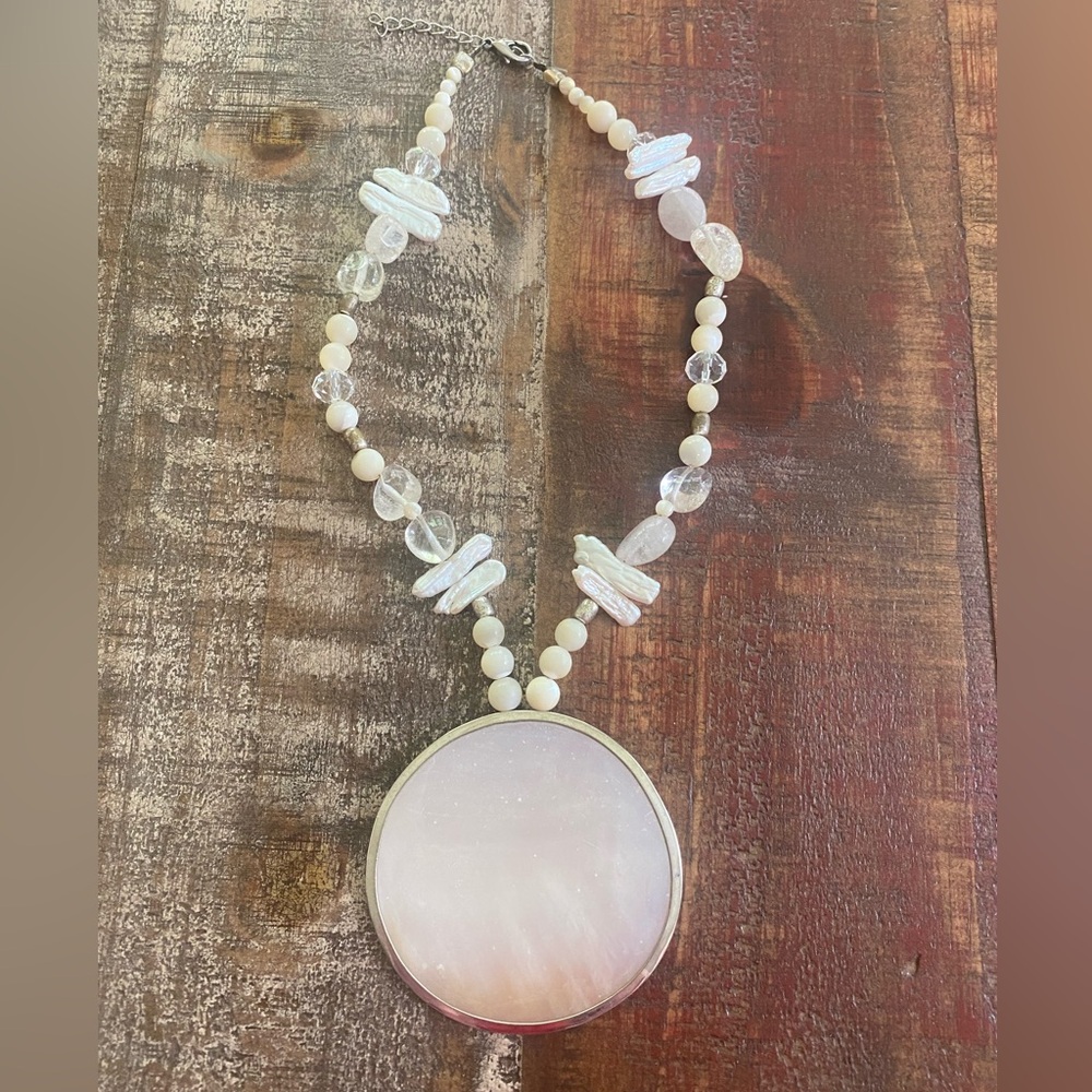 Handmade White Beaded & Shell Necklace with Circular Two-sided Shell Pendant